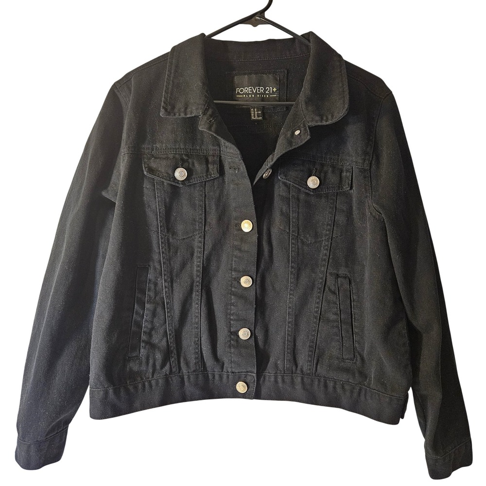 Forever 21 Plus Size Black Denim Trucker Jacket Womens 1X Button Up Outerwear - Picture 1 of 10